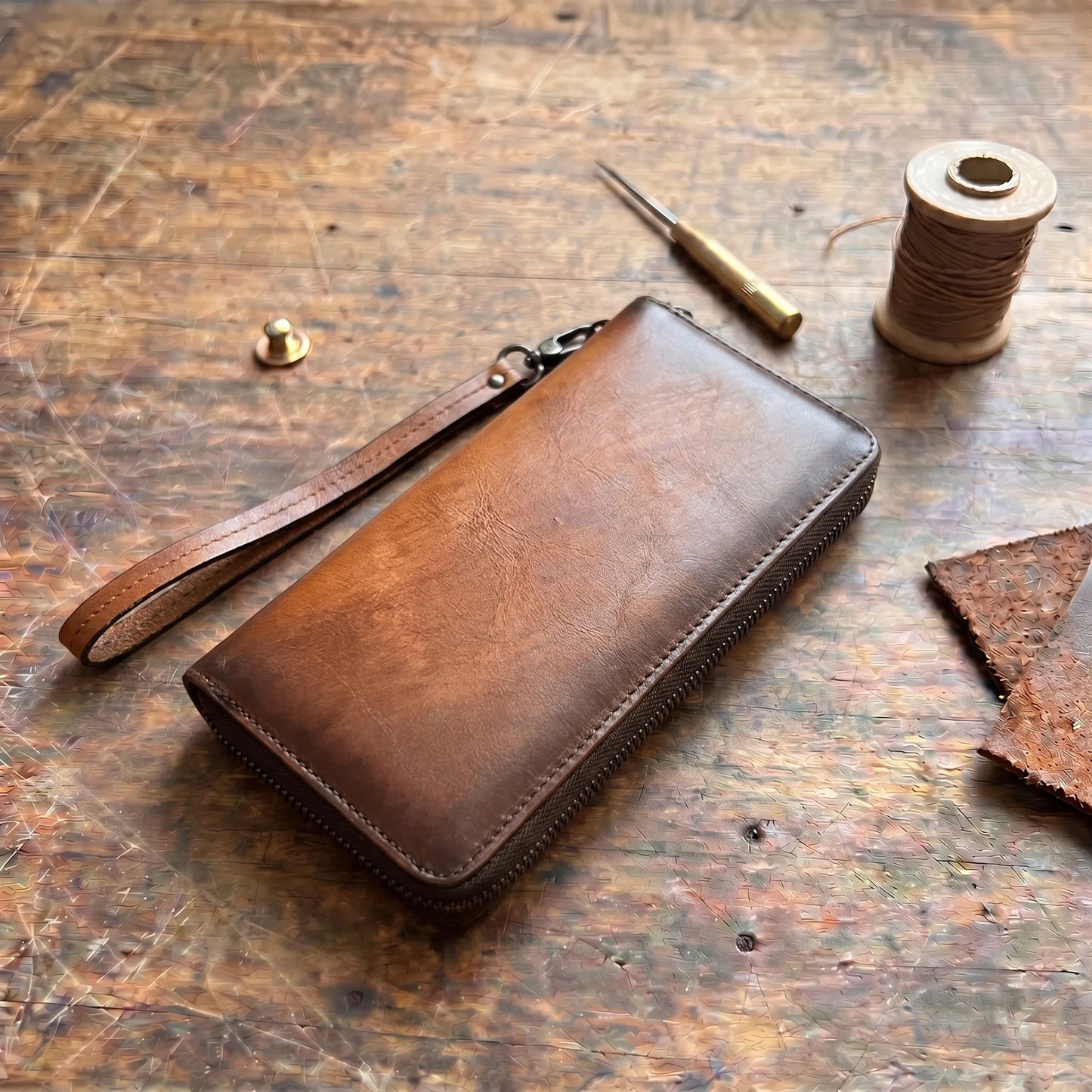 Burnished Cowhide Zip Clutch Wallet