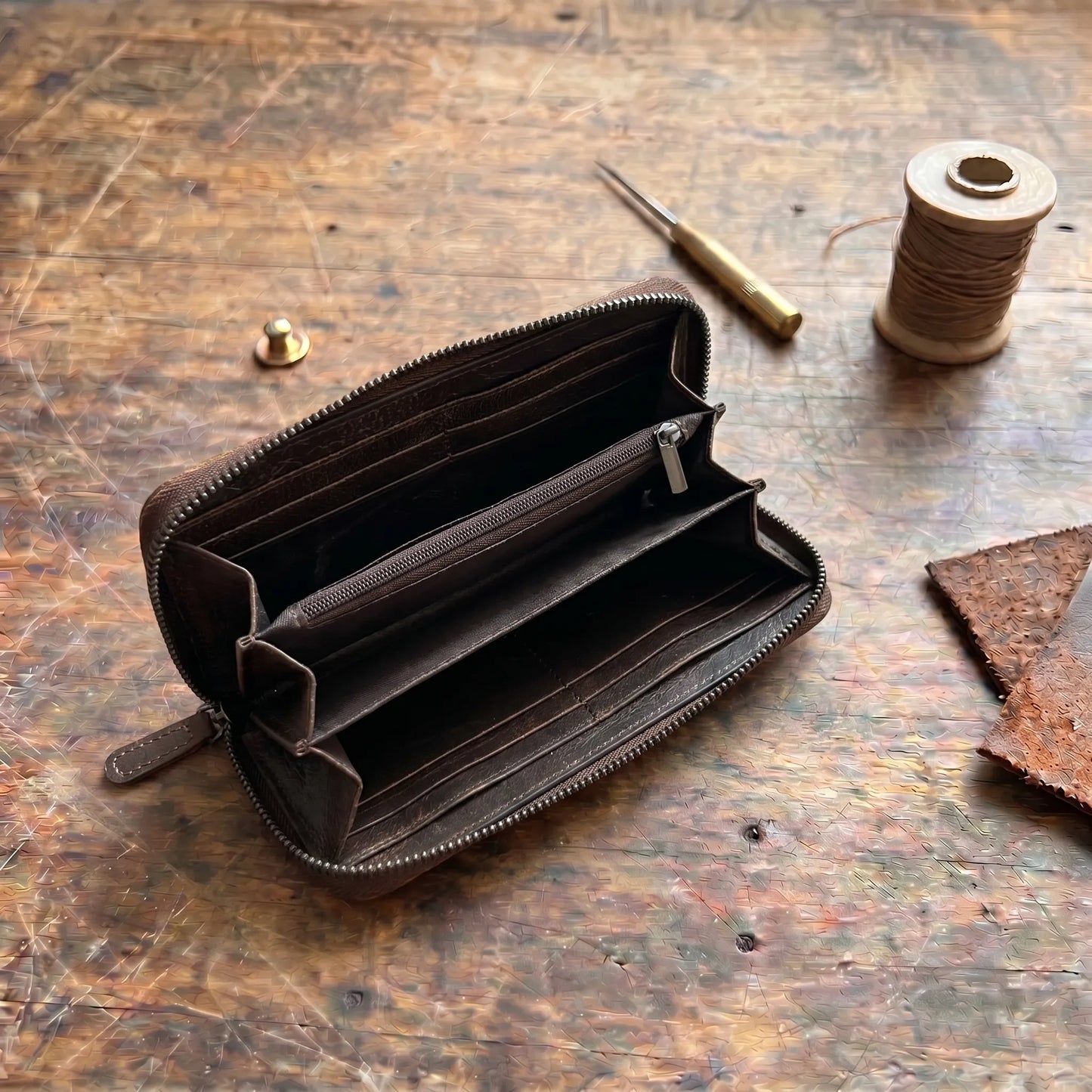 Burnished Cowhide Zip Clutch Wallet